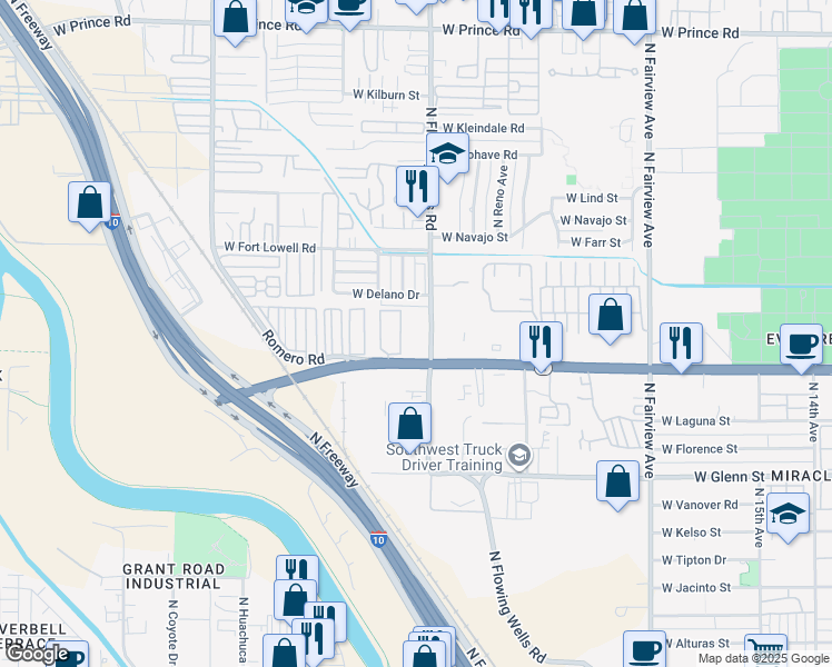 map of restaurants, bars, coffee shops, grocery stores, and more near 3055 North Flowing Wells Road in Tucson