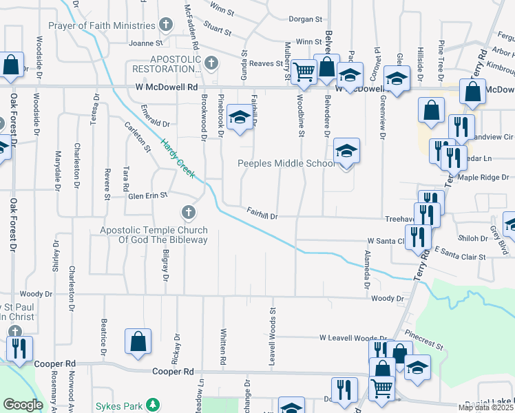 map of restaurants, bars, coffee shops, grocery stores, and more near 368 Fairhill Drive in Jackson