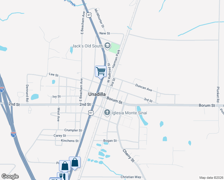 map of restaurants, bars, coffee shops, grocery stores, and more near 1106 East Railroad Street in Unadilla