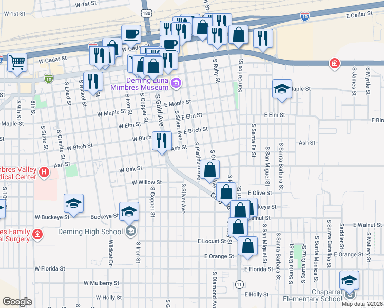 map of restaurants, bars, coffee shops, grocery stores, and more near 700 South Silver Avenue in Deming