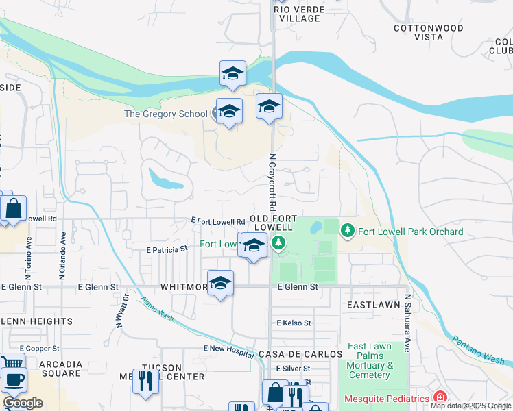 map of restaurants, bars, coffee shops, grocery stores, and more near 5495 East Fort Lowell Road in Tucson