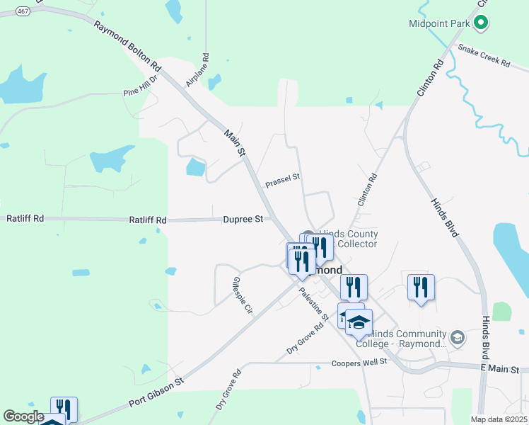 map of restaurants, bars, coffee shops, grocery stores, and more near 101 Dupree Street in Raymond