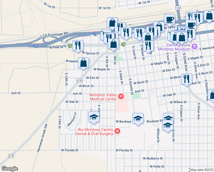 map of restaurants, bars, coffee shops, grocery stores, and more near 1000 West Birch Street in Deming