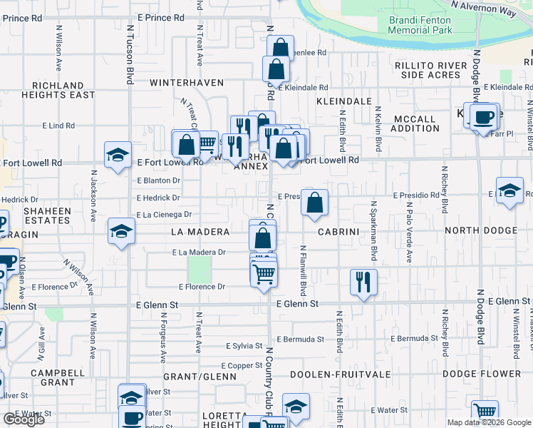 map of restaurants, bars, coffee shops, grocery stores, and more near 3041 North Country Club Road in Tucson