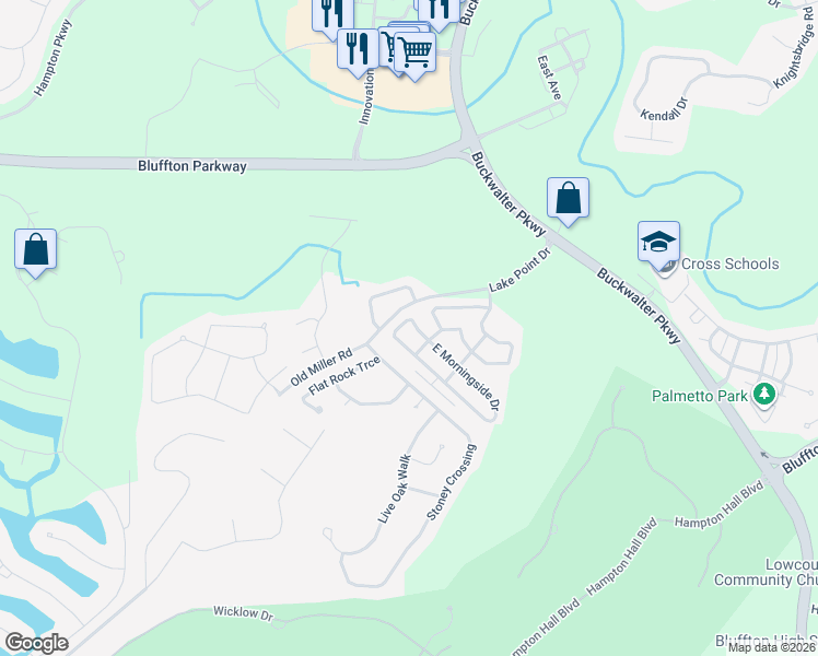 map of restaurants, bars, coffee shops, grocery stores, and more near 25 West Morningside Drive in Bluffton