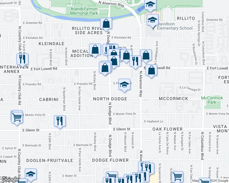 map of restaurants, bars, coffee shops, grocery stores, and more near 3705 East Blacklidge Drive in Tucson