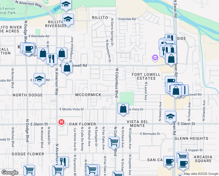 map of restaurants, bars, coffee shops, grocery stores, and more near 4215 East Megan Drive in Tucson