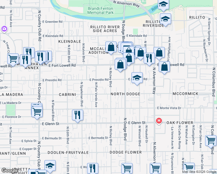 map of restaurants, bars, coffee shops, grocery stores, and more near 3014 North Richey Boulevard in Tucson