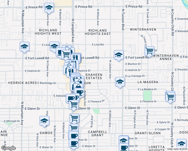 map of restaurants, bars, coffee shops, grocery stores, and more near 3031 North Wilson Avenue in Tucson