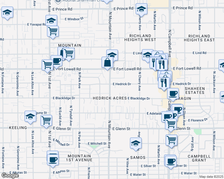 map of restaurants, bars, coffee shops, grocery stores, and more near 3002 North Mountain Avenue in Tucson