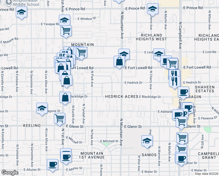 map of restaurants, bars, coffee shops, grocery stores, and more near 3022 North Santa Rita Avenue in Tucson