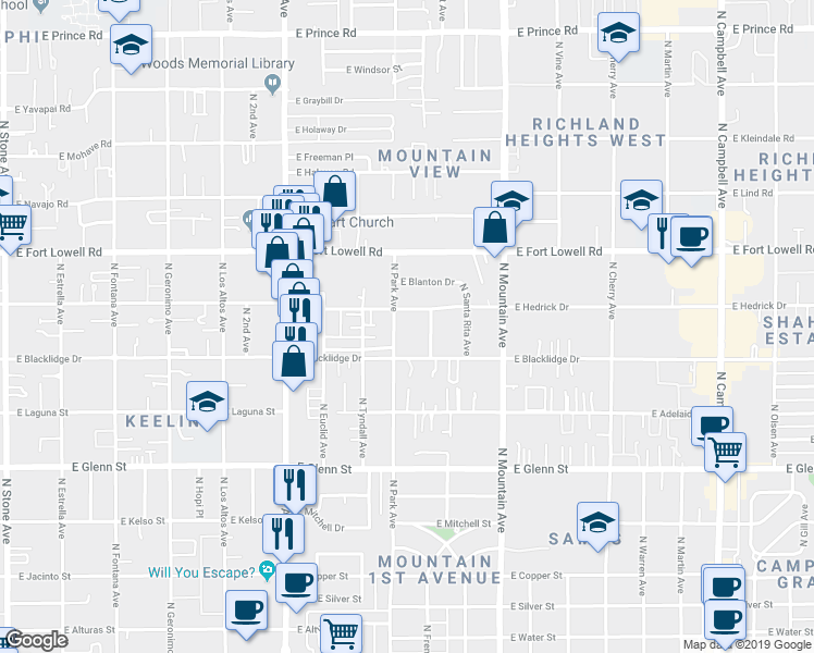 map of restaurants, bars, coffee shops, grocery stores, and more near 3032 North Park Avenue in Tucson