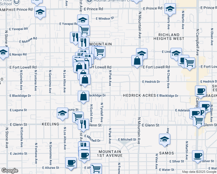 map of restaurants, bars, coffee shops, grocery stores, and more near 3032 North Park Avenue in Tucson