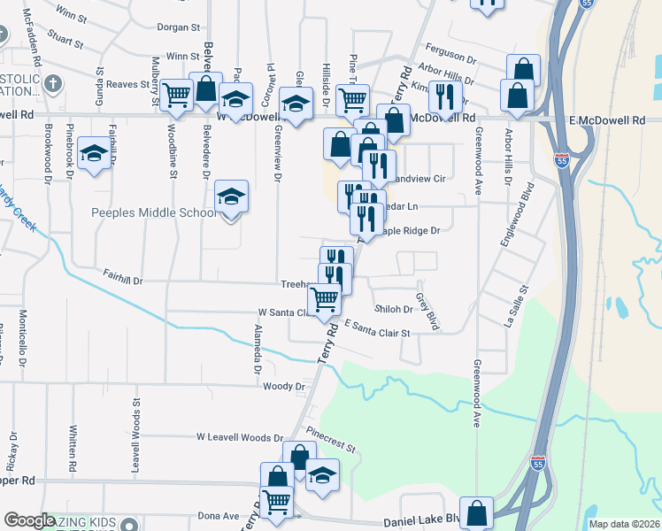 map of restaurants, bars, coffee shops, grocery stores, and more near 122 Treehaven Drive in Jackson