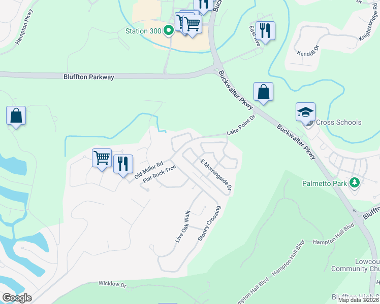 map of restaurants, bars, coffee shops, grocery stores, and more near 25 West Morningside Drive in Bluffton