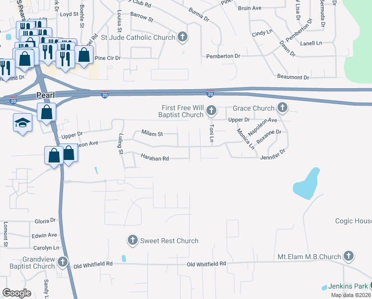 map of restaurants, bars, coffee shops, grocery stores, and more near 510 Terri Lane in Pearl