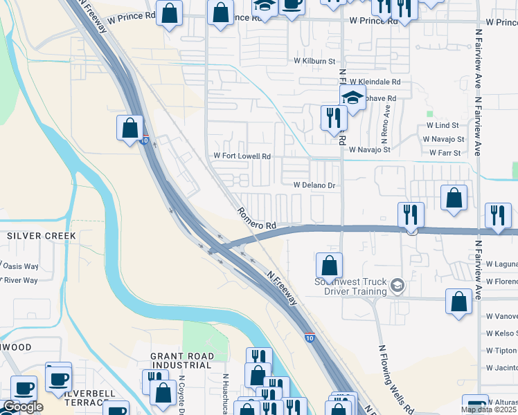 map of restaurants, bars, coffee shops, grocery stores, and more near 3000 North Romero Road in Tucson