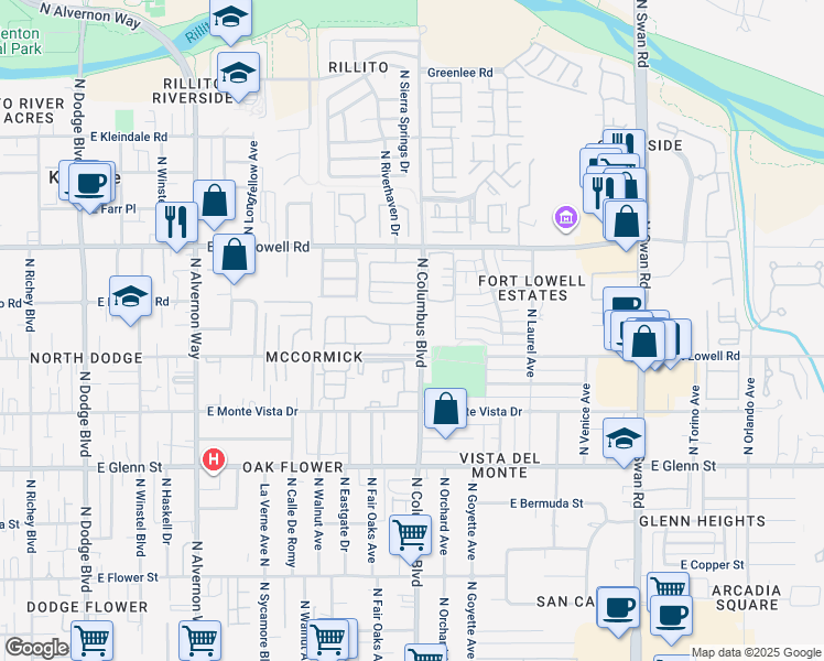 map of restaurants, bars, coffee shops, grocery stores, and more near 4279 East Columbus Park Place in Tucson
