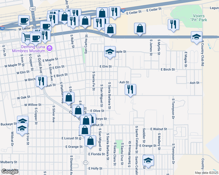 map of restaurants, bars, coffee shops, grocery stores, and more near 723 South Santa Barbara Street in Deming