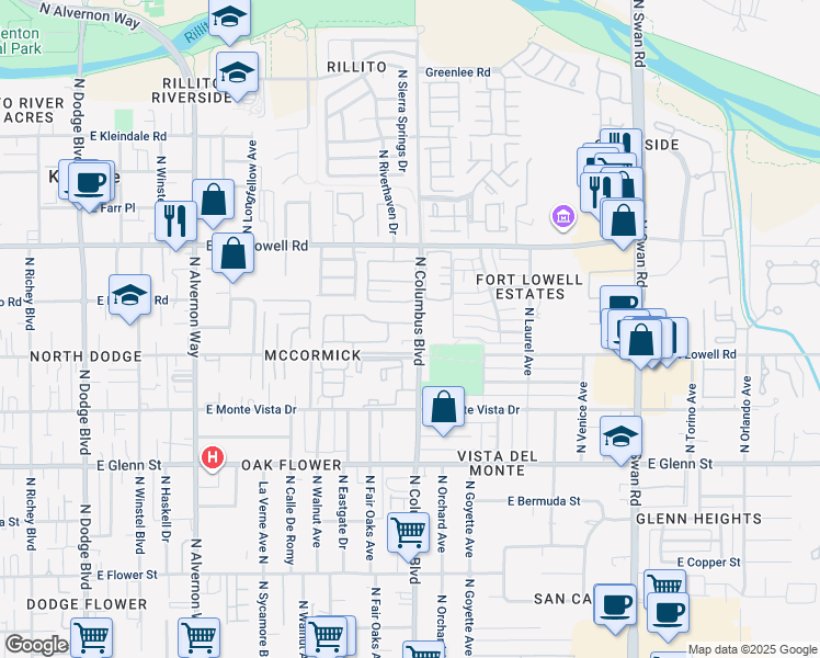 map of restaurants, bars, coffee shops, grocery stores, and more near 4279 East Columbus Park Place in Tucson