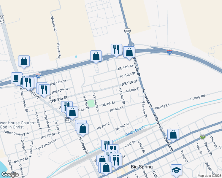 map of restaurants, bars, coffee shops, grocery stores, and more near 307 Northeast 9th Street in Big Spring