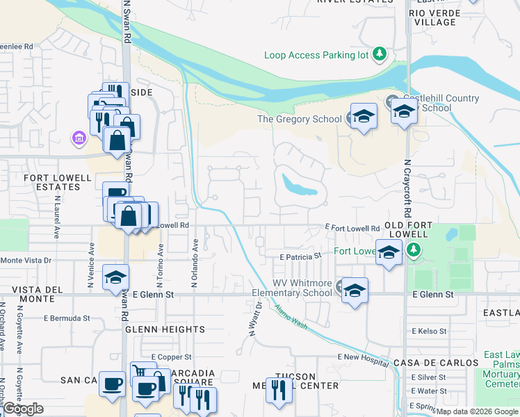 map of restaurants, bars, coffee shops, grocery stores, and more near Palomino Parl Loop in Tucson