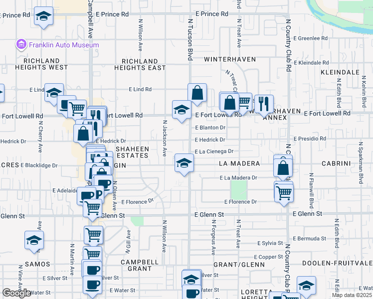 map of restaurants, bars, coffee shops, grocery stores, and more near 3035 North Tucson Boulevard in Tucson