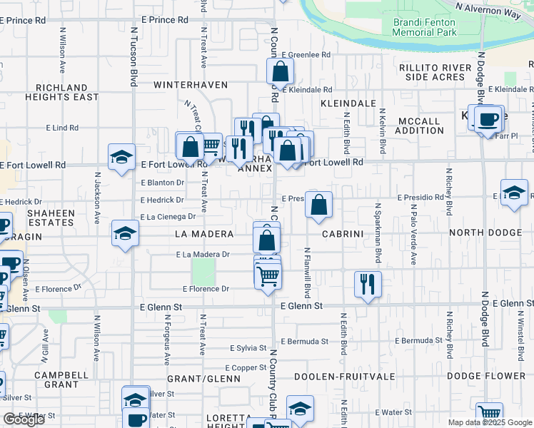 map of restaurants, bars, coffee shops, grocery stores, and more near 3020 North Country Club Road in Tucson