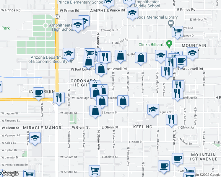 map of restaurants, bars, coffee shops, grocery stores, and more near 3039 North Estrella Avenue in Tucson