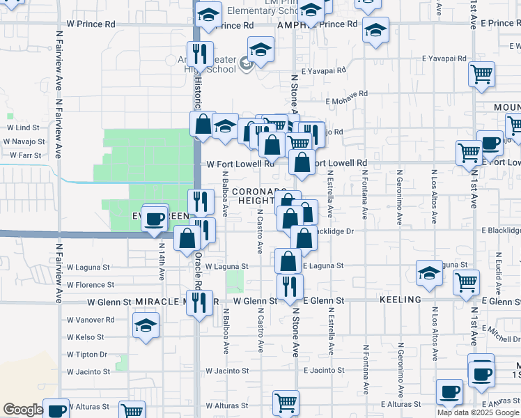 map of restaurants, bars, coffee shops, grocery stores, and more near 3015 North Castro Avenue in Tucson