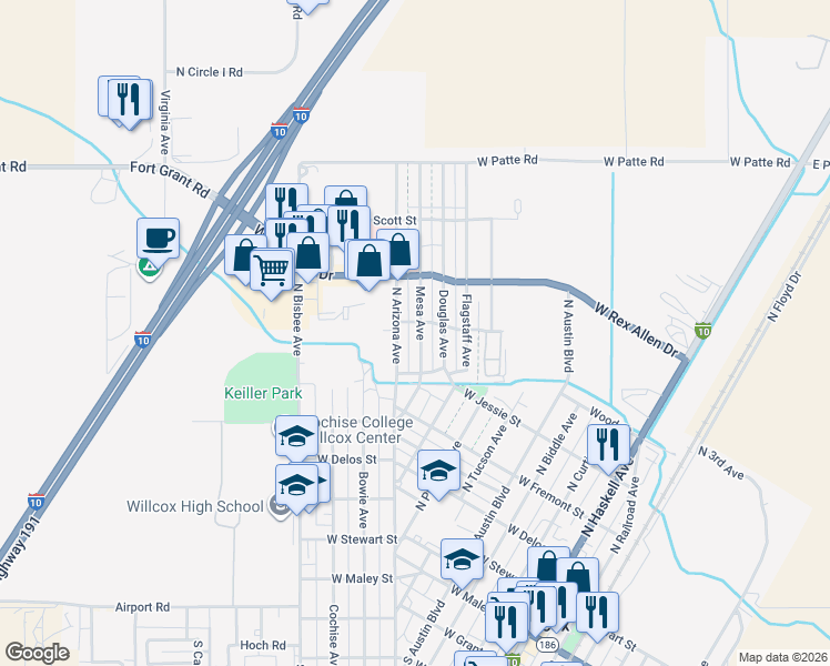 map of restaurants, bars, coffee shops, grocery stores, and more near 709 North Arizona Avenue in Willcox