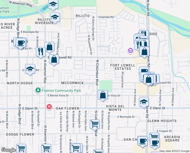 map of restaurants, bars, coffee shops, grocery stores, and more near 4279 East Columbus Park Place in Tucson