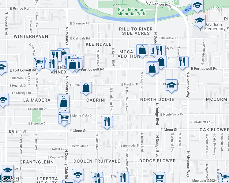 map of restaurants, bars, coffee shops, grocery stores, and more near 3015 North Sparkman Boulevard in Tucson