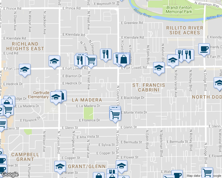 map of restaurants, bars, coffee shops, grocery stores, and more near 3011 East Blacklidge Drive in Tucson