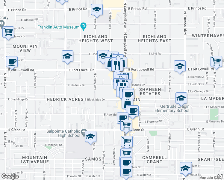 map of restaurants, bars, coffee shops, grocery stores, and more near 1729 East Blacklidge Drive in Tucson