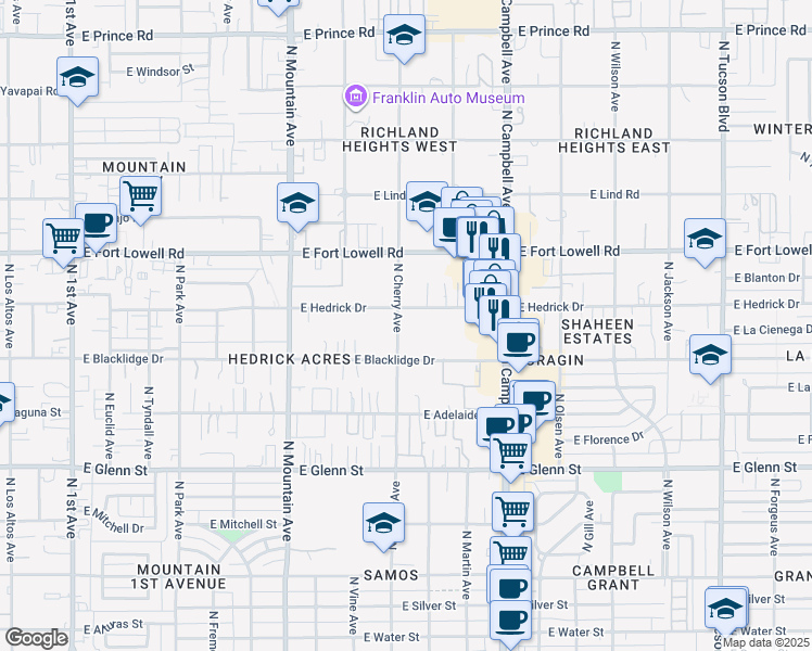 map of restaurants, bars, coffee shops, grocery stores, and more near 3052 North Cherry Avenue in Tucson