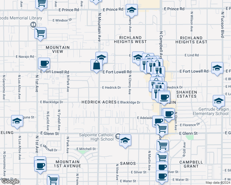 map of restaurants, bars, coffee shops, grocery stores, and more near 1419 East Blacklidge Drive in Tucson