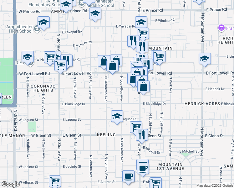 map of restaurants, bars, coffee shops, grocery stores, and more near 451 East Blacklidge Drive in Tucson