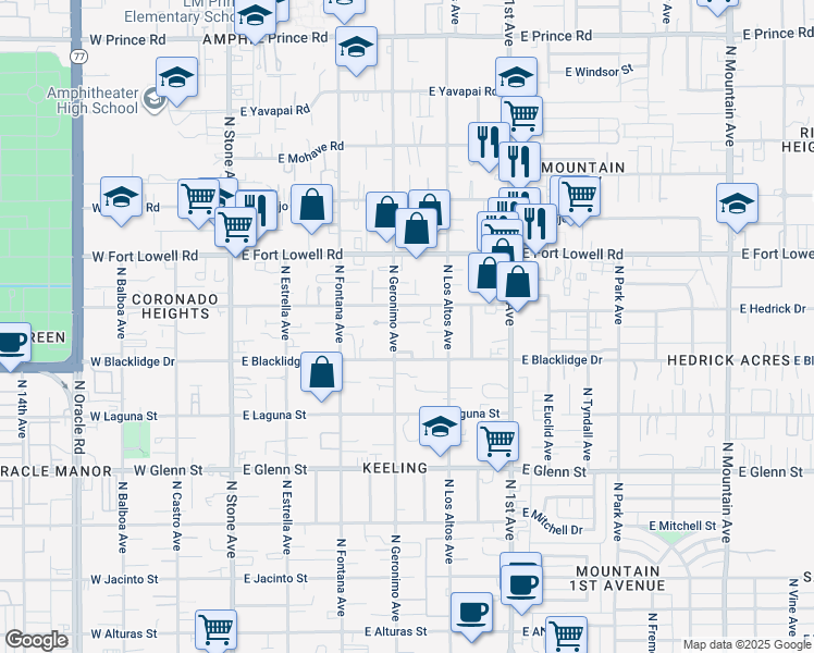 map of restaurants, bars, coffee shops, grocery stores, and more near 3026 North Geronimo Avenue in Tucson