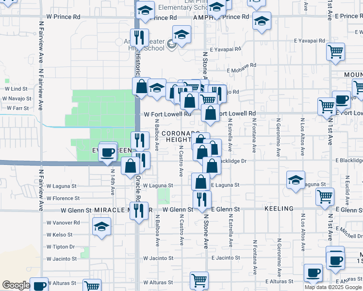 map of restaurants, bars, coffee shops, grocery stores, and more near 3015 North Castro Avenue in Tucson