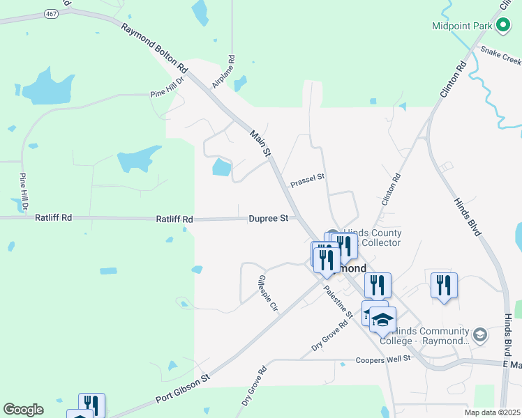 map of restaurants, bars, coffee shops, grocery stores, and more near 129 Dupree St in Raymond