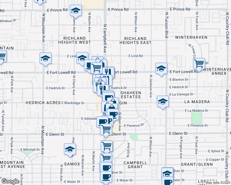 map of restaurants, bars, coffee shops, grocery stores, and more near 3032 North Campbell Avenue in Tucson