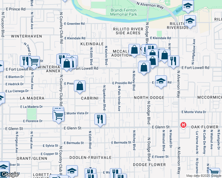 map of restaurants, bars, coffee shops, grocery stores, and more near 3441 East Blacklidge Drive in Tucson