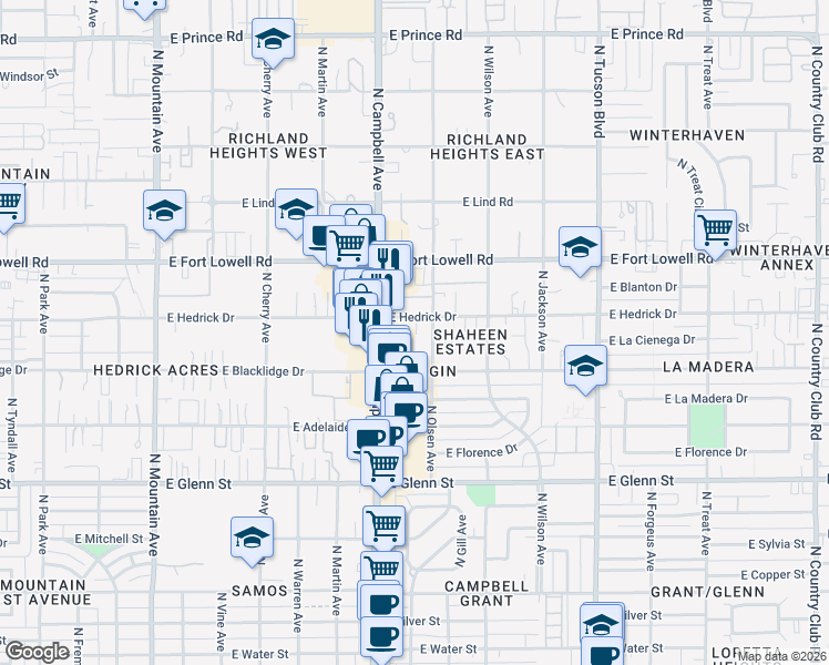 map of restaurants, bars, coffee shops, grocery stores, and more near 3032 North Campbell Avenue in Tucson
