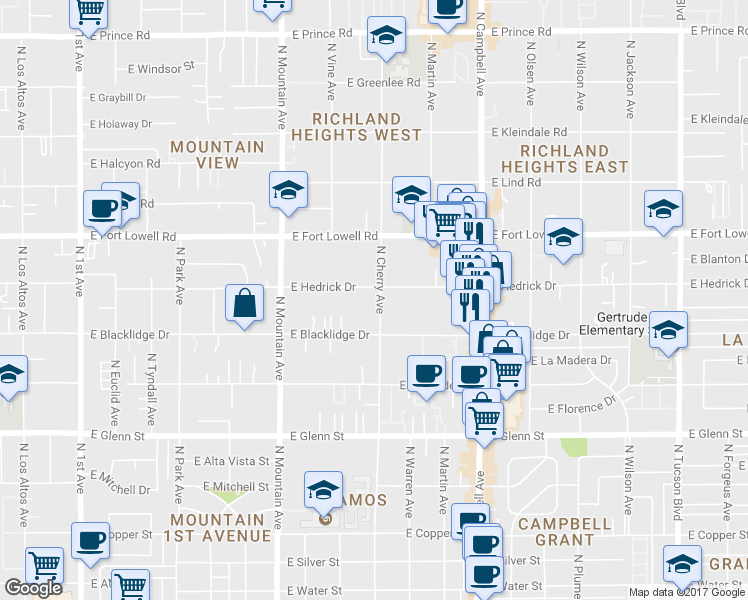 map of restaurants, bars, coffee shops, grocery stores, and more near 1525 East Blacklidge Drive in Tucson