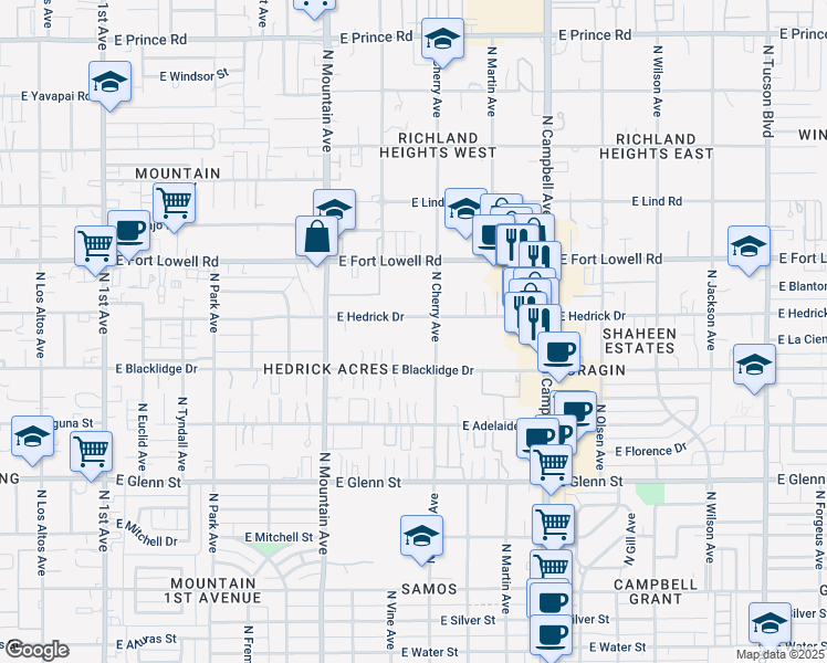 map of restaurants, bars, coffee shops, grocery stores, and more near 1525 East Blacklidge Drive in Tucson