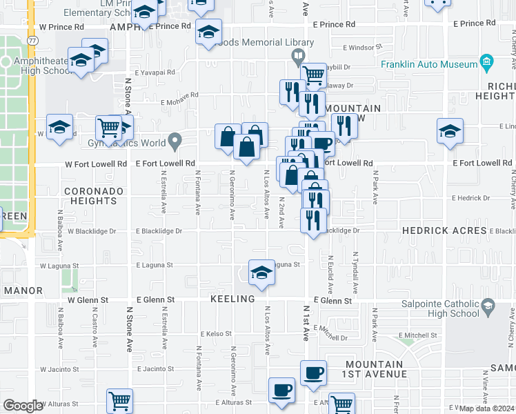 map of restaurants, bars, coffee shops, grocery stores, and more near 451 East Blacklidge Drive in Tucson