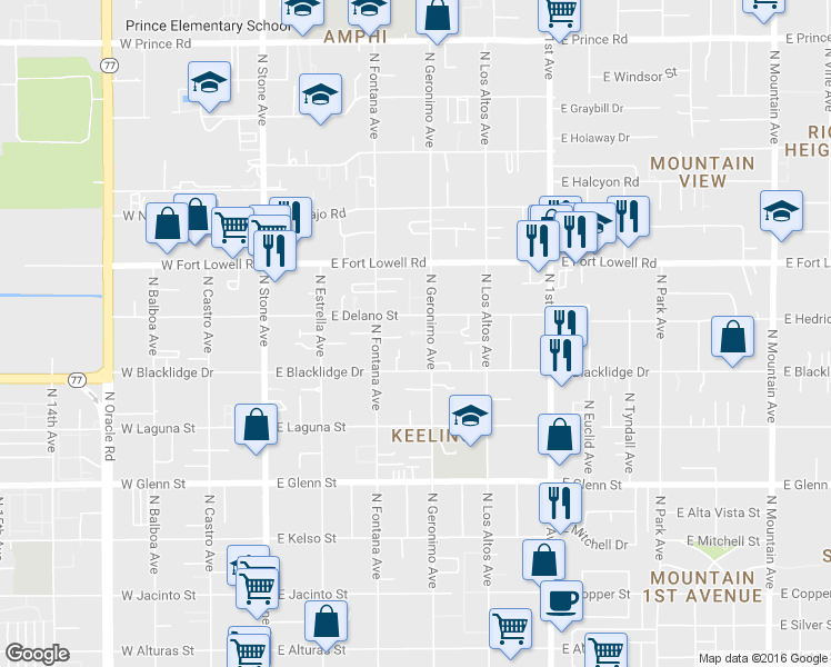 map of restaurants, bars, coffee shops, grocery stores, and more near 3026 North Geronimo Avenue in Tucson