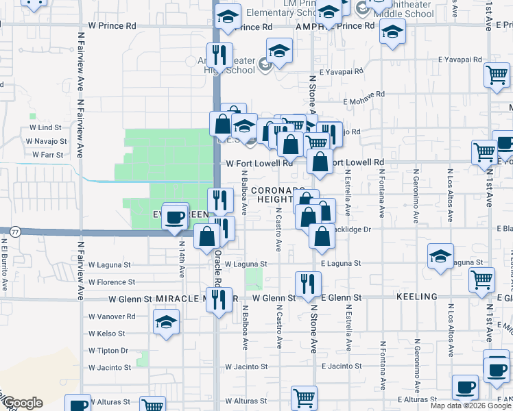 map of restaurants, bars, coffee shops, grocery stores, and more near 3036 North Balboa Avenue in Tucson