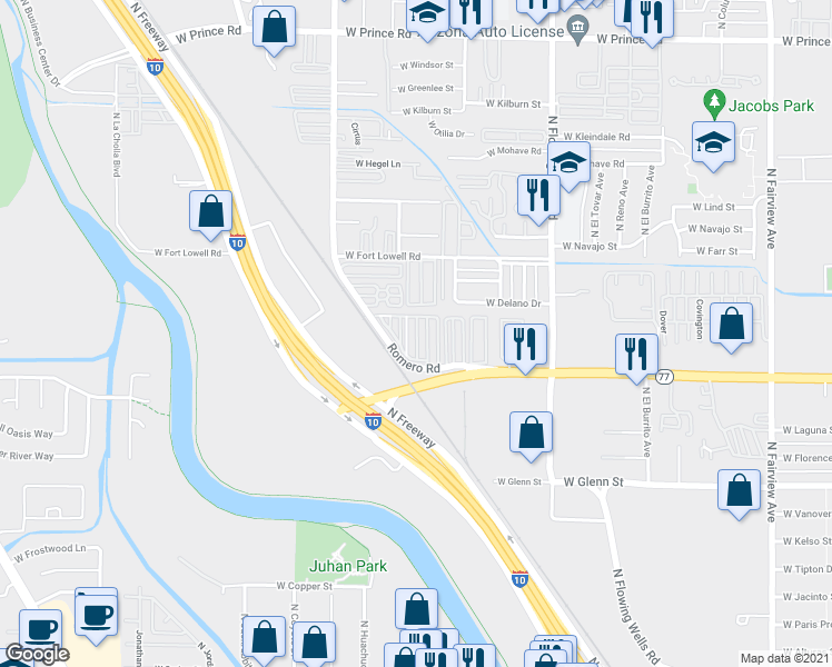 map of restaurants, bars, coffee shops, grocery stores, and more near 3000 North Romero Road in Tucson